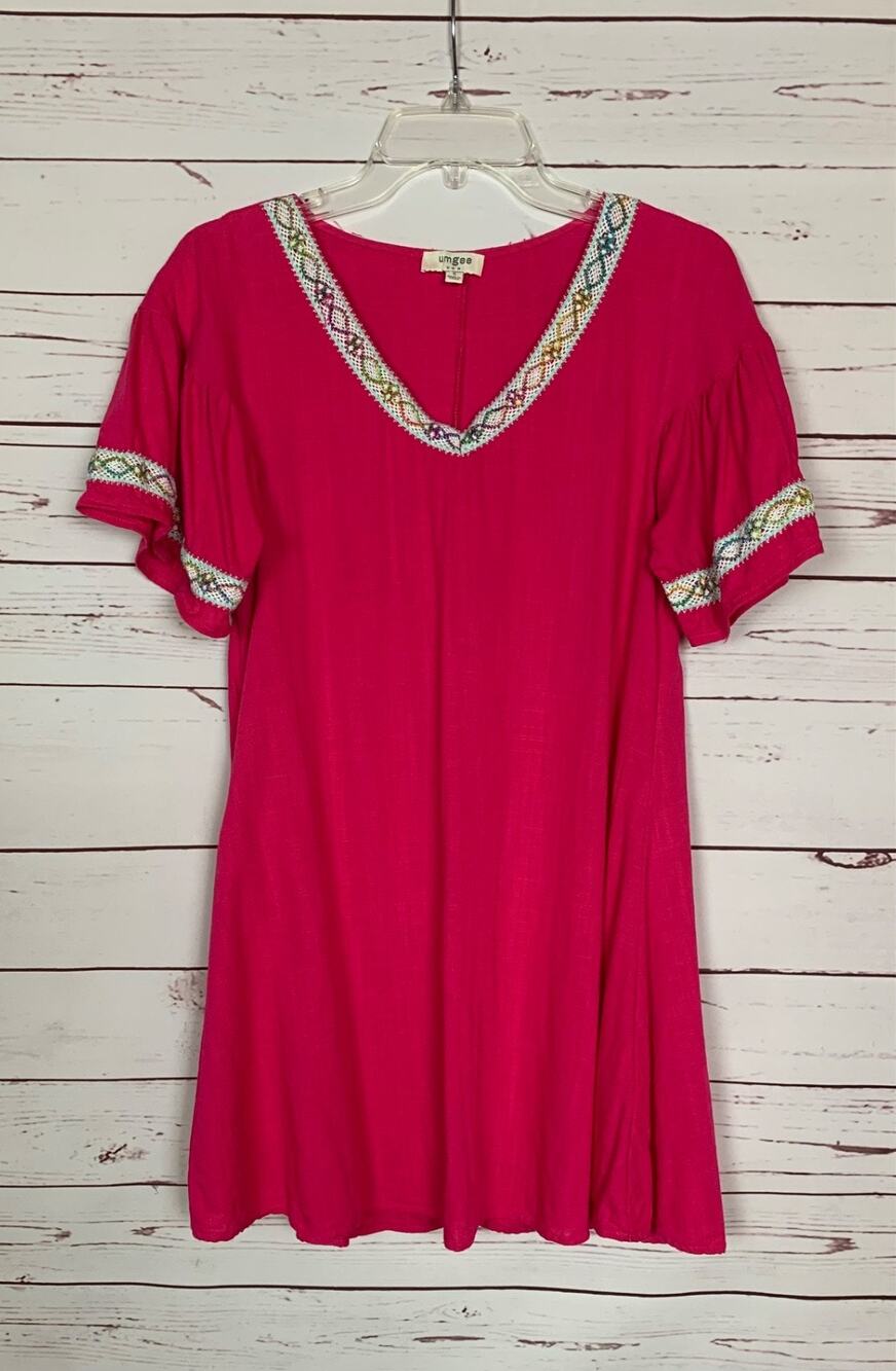 Umgee USA Boutique Women's S Small Pink Boho V Neck Short Sleeve Tunic Dress